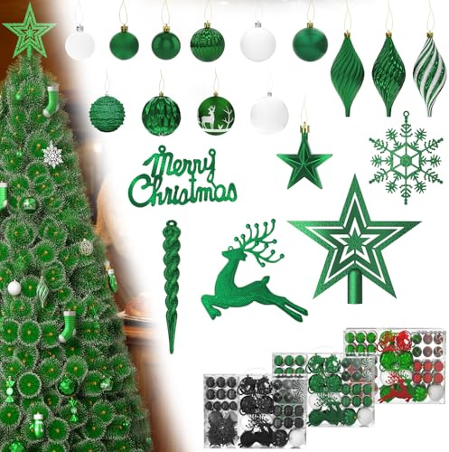LZQ Weihnachtskugeln Set 108 Stück Christbaumkugeln, Weihnachtsdeko Weihnachtsbaum Deko Kugel Anhänger, Christbaumschmuck Weihnachtsbaumschmuck mit Baumspitze Stern & Geschenkverpackung- Grün