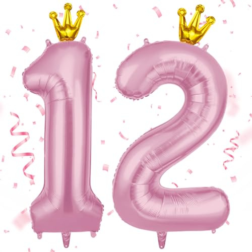 AOOSU Zahlen Luftballon 12 Rosa, 40 Zoll Folienballon 12 Geburtstag Helium Ballon 12, 101cm Luftballon Rosa Zahlenballon 12 Ballon mit Krone für Jahrestag Dekorationen Mädchen Geburtstag Party