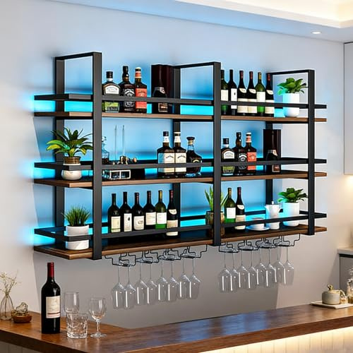 Wall Mounted Wine Rack with LED Light, Large Wine Bottles Display Shelf with Glasses Holder, 3 Tier Metal Bar Shelves , Industrial Liquor Racks for Home Bar, Dining Room & Kitchen 160×22×120cm