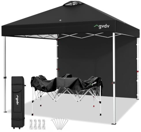 GVDV Pavillon 3x3 Pop Up Wasserdicht Stabil mit 1 Seitenteil, Rollentasche | UPF 50+, PU-beschichtetes Dach, Dachlüfter, höhenverstellbar, inkl. Gewichte, Heringe und Abspannseile, Schwarz