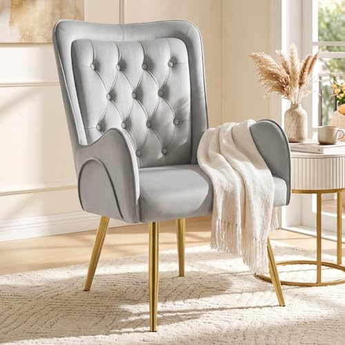 Hellove Fauteuil Salon Double Dossier Design Scandinave Luxe - Chaise Lounge Confortable Velours, Structure Bois Massif, Pieds Métal Doré, Accoudoirs Radius pour Salon, Chambre, Gris