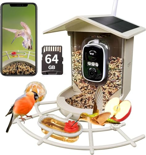 Origem Vogelhaus mit Kamera, 2K Solar Vogelfutterhaus 1,7 L mit KI, IP66 | 1,7L Futterhaus aus Weizenstroh, Nachtsicht, Vogelerkennung und 64GB SD Karte, wetterfest für Garten und Balkon