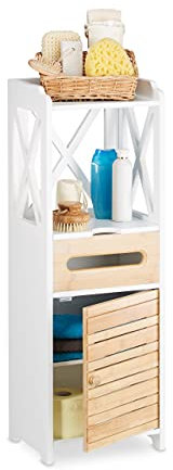Relaxdays Armario estantería con 5 estantes, Puerta y cajón dispensador, baño y Cocina, Estrecho, bambú, 89cm, Blanco