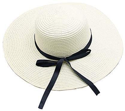 Damen Schleife Faltbar UV Schutz Sonnenhut Strohhut Strandhut Sommerhut Floppy Hut Weiß
