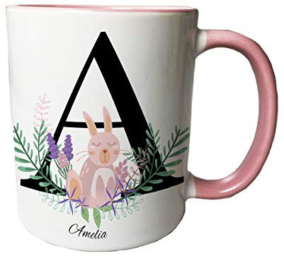 The Supreme Gift Company Personalised Rabbit Floral Initial 10oz Ceramic Mug - Gifts for him - Pink Inner