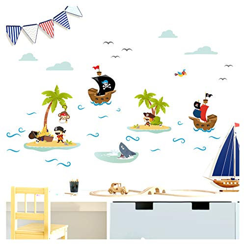 Little Deco Aufkleber Piraten Schiffe & Schatzinsel I Wandbild M - 120 x 54 cm (BxH) I Wandtattoo Kinderzimmer Junge Babyzimmer Deko Wandaufkleber Baby Sticker DL332