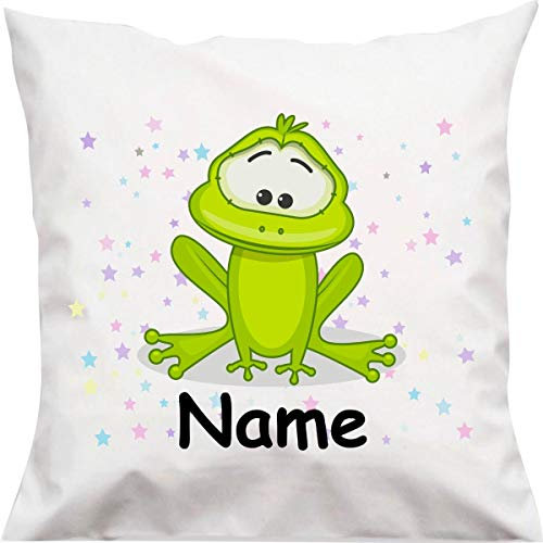 Shirtinstyle Kopfkissen, Frosch mit Wunschname, Text, Wunschtext, Kinder Kinderzimmer Deko, Dekokissen mit Füllung, Motiv, Logo, Name, Größe 40x40cm