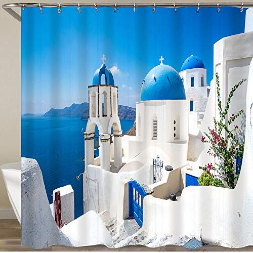 YOUMEISU Rideau de Douche,Coucher de Soleil Bleu Grèce Vue panoramique des Maisons Blanches des Cyclades Santorin Parcs Oia Méditerranée Grecque,Large Choix de Beaux Rideaux de Douche 180 * 180 cm