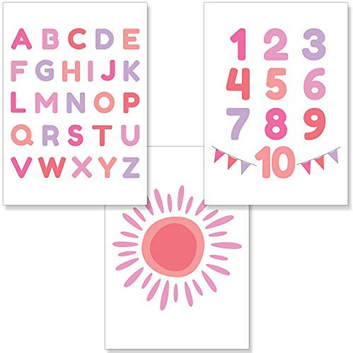 PREMYO Bilder Kinderzimmer Deko Mädchen - Alphabet ABC Poster Set Babyzimmer - Wandbilder Schlafzimmer Sonne Rosa A4