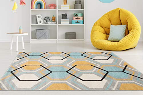 Carpeto Rugs Teppich Wohnzimmer Kurzflor Grau Modern Geometrisch Wabenmuster Rauten Muster - Niedrigflor Teppich für Wohnzimmer Jugenzimmer Kinderzimmer/Öko-Tex Türkis Grau Gelb 300 x 400 cm