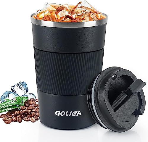 Aolieh Travel Mug, Insulated Coffee Cup,Double Walled Travel Mug Vacuum Insulation Stainless Steel with Leakproof Lid Eco-Friendly Reusable Cup for Coffee,Tea and Beer(Black-380ML)