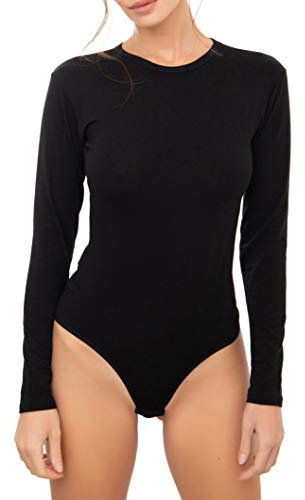 Avely Damen Body langarm l Basic Body aus Baumwolle mit Rundhals l Bodysuit für Frauen l Jupsuit l Overall l Blusenbody schwarz XL