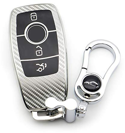 M.JVisun Soft Carbon Fiber Finish Car Key Fob Cover For Mercedes-Benz 2019-2022 A Class C Class G Class 2017-2022 E Class 2018-2021 S Class Electroplated TPU Case With Metal Keychain - Silver