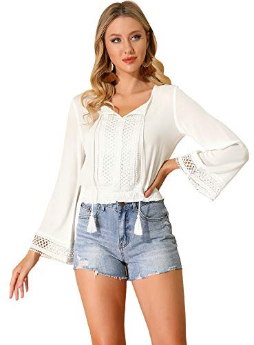 Allegra K Damen Stickerei Spitze Bauer Krawatte Hals Glockenärmel Smocked Hem Cropped TopWeiß M