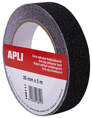 APLI 18811 Anti-Rutsch-Klebeband, 25 mm x 5 m, robust, PVC, Schwarz