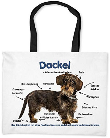 Merchandise for Fans Einkaufstasche - 50 x 38 cm, 19 Liter Schwarze Henkel - Motiv: Dackel/Teckel/Dachshund Alternative Anatomie - 05