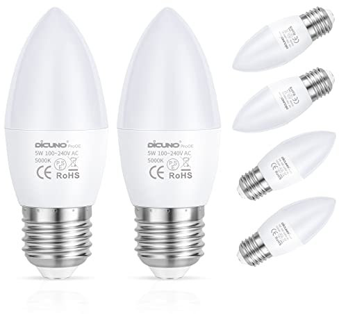 DiCUNO E27 LED Lampe 5W, Kaltweiß 5000K, ersetzt 40W Halogen, 410lm, CRI 98 Vollspektrum, kein blaues Licht, C37 Kerzenform, Abstrahlwinkel 270°, ProOE Serie, Flimmerfrei, nicht dimmbar, 6er Pack