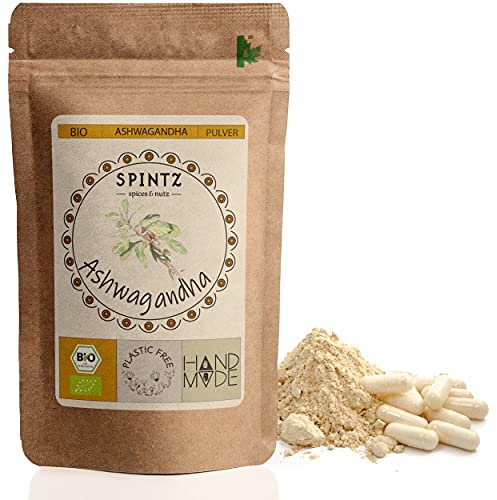 SPINTZ 160 Stk. Bio Ashwagandha Kapseln mit einem Withanolid Gehalt von ≈ 3,5% - hochdosierte Ashwaganda Tabletten - 600mg Ashwagandhapulver je Kapsel - Ginseng, Schafbeere | plastikfrei verpackt