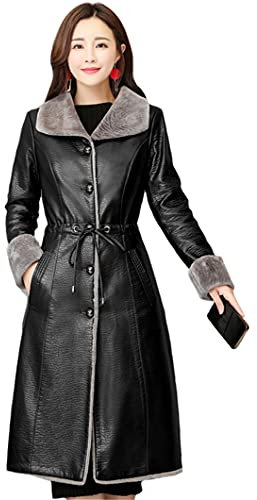 Women Fur Leather Jacket Winter Autumn Long Fur Leather Trench Coat Female Warm Soft Slim Lamb Fur Outerwear Black 4XL