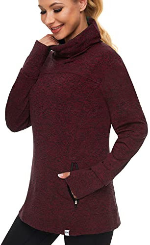 Soneven Rollkragen Pullover Damen Funktionsshirt Damen Langarm Laufshirt Fleece Thermo Sweatshirts mit Tasche Wandershirt Atmungsaktive Running Sportoberteile Hochkragen XXL
