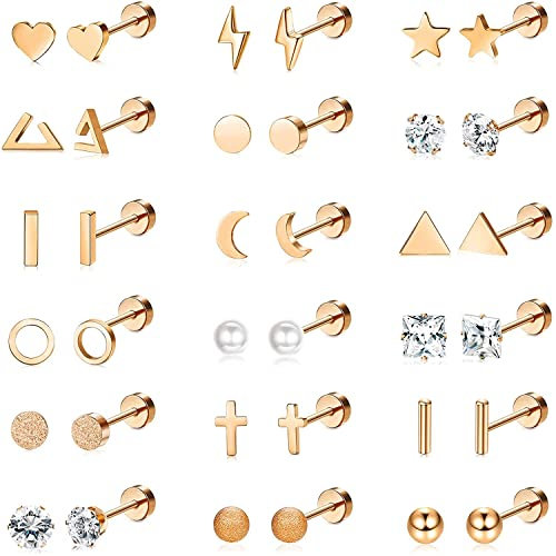 LOLIAS 18 Pairs Surgical Steel Earrings For Women Men Rose Gold Flat Back Earrings Studs Cartilage Earrings Cross Moon Star Stud Earrings Rose Gold Earring Set for Multiple Piercings