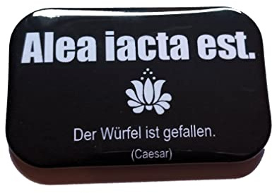 Magnet Kühlschrankmagnet Rechteckig eckig groß ca. 7 x 4,5 cm gute Haftung Motiv Spruch Latein lateinisch Redewendung Zitat Geschenk Alea iacta est. Der Würfel ist gefallen. Caesar