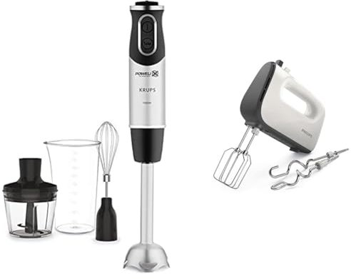 Krups Perfect Mix Stabmixer HZ6568 | Blender | 1000 Watt | Wdelstahlfuß 500 ml Zerkleinerer | 800 ml Messbecher | Edelstahl/dunkelgrau & Philips HR3741/00 Handmixer (450 Watt) weiß/schwarz