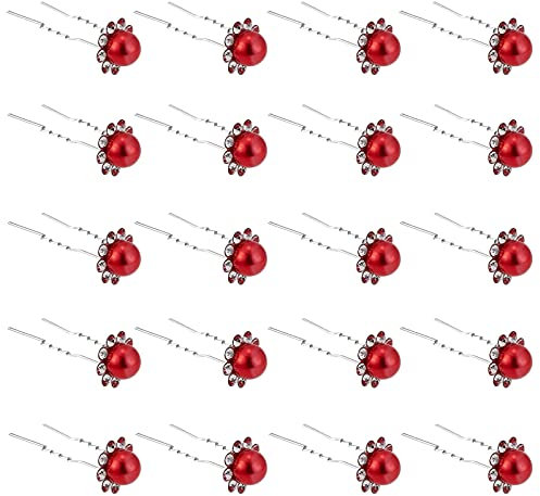 ZOUIQSS 20 Pack (Rot) Perlenkristall Haarnadeln Blume Strass Haarspangen für Braut Hochzeit Frauen Haarschmuck Zubehör,mit durchsichtigem Behälter