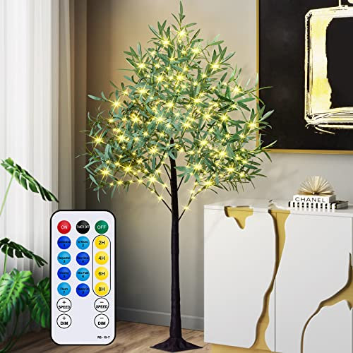 6FT LED Warm White Olive Tree Light with Remote Dimmable 240 LEDs Lighted Olive Artificial Tree with 8 Flashing Modes&Timer for Thanksgiving Christmas Easter Festival Daily Home Decor