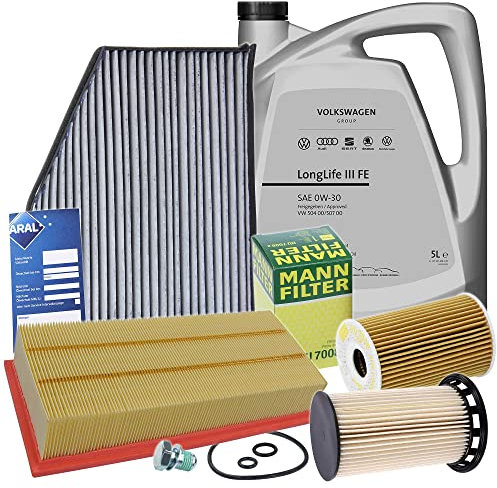 ATEC Germany Inspektionspaket Filterset mit 1x Ölfilter, 1x Luftfilter, 1x Innenraumfilter (Aktivkohle), 1x Kraftstofffilter, 1x Ölablassschraube mit Dichtung, 1x Motoröl 0W-30 LongLife 3 FE 5 l,