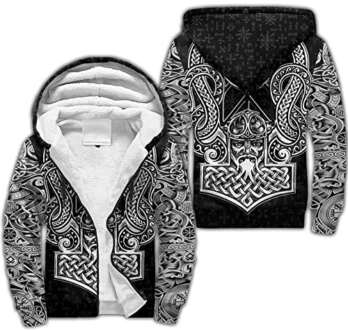 WDBAYXH Norse Mythology Men's Thick Fleece Zip Hoodie, Odin Fenrir Wolf Thor's Hammer 3D Print Warm Sweatshirt, Viking Pagan Vintage Long Sleeve Streetwear Casual Jacket,Mjolnir,3XL