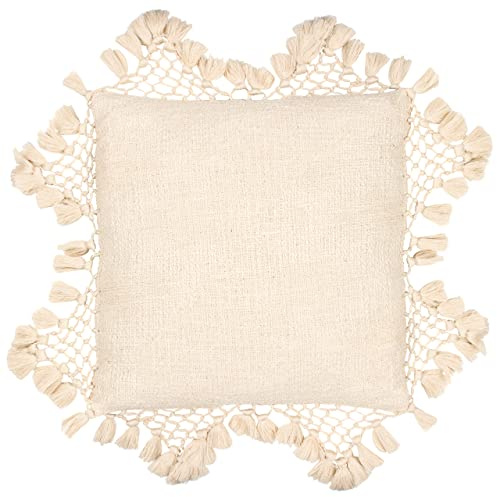 Yard furn Anko Cushion Cover – Textured Cotton with Macramé Tassel Trim (Oatmeal – 45 x 45cm)