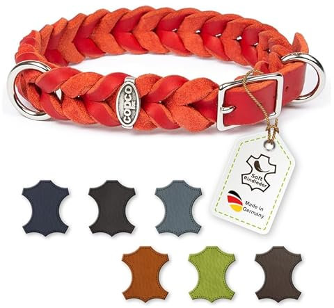 CopcoPet Hundehalsband aus Fettleder 50–55 cm x 25mm Rot – Geflochtenes Lederhalsband – Messing mit Dornschließe – Robust & verstellbar – Für große Hunde, ideal für Alltag & Training