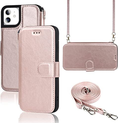 ELTEKER Hülle für iPhone 11 Klapphülle, Handyhülle iPhone 11 mit Umhängeband und Kartenfach, Standfunktion Perfekten Schutz Tasche Lederhülle, Rosa