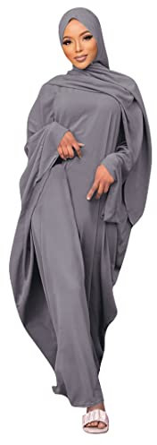Odizli Gebetskleidung für Frauen Abaya Muslim Damen Muslimische Kleider Gebetskleid Langarm Islamische Namaz Elbisesi Jilbab Khimar Kaftan Ramadan Burka Ganzkörper Lang Robe Grau Haben Hijab F