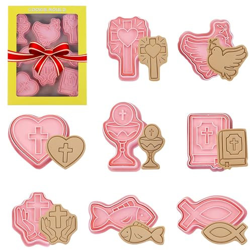 Juego de 8 moldes para galletas,Juego de Moldes en 3D Plástico Cortadores de Galletas Cristiano Cáliz, Paloma, Cruz, para Comunión Cookie Decoración de Tartas