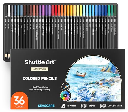 Shuttle Art Buntstifte Set, 36 Farbstifte zum Thema „Meer“, professionelle Buntstifte für Erwachsene und Kinder mit Anleitung, Malblatt, Holzstifte