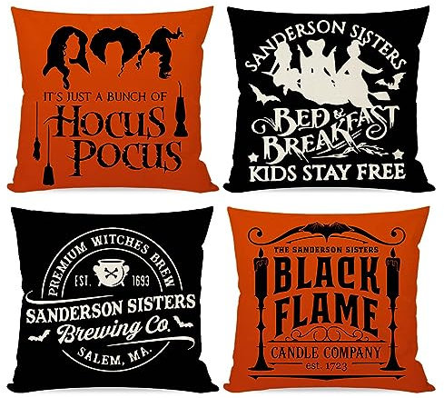 PANDICORN Halloween Hocus Pocus Kissenbezüge 45,7 x 45,7 cm, 4 Stück, Sanderson Sisters Halloween Dekorationen Outdoor Halloween Kissen Dekorative Wurfkissen Hüllen Fall Kissen Kissenbezüge Couch