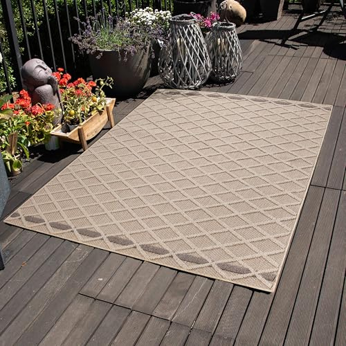 Carpettex Outdoor Teppich Wetterfest 140 x 200 cm Sisaloptik Beige - Ideal für Balkon, Garten, Terrasse, Camping und als Küchenteppich - Waschbarer Teppich, Rauten Design, Flachgewebe