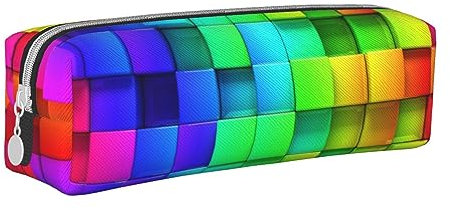 TOMPPY Rainbow Color Plaid Printed Pencil Case Leather Pencil Pouch Portable Stationery Organizer Pencil Holder Makeup Bag with Zipper Closure, Regenbogenfarbenes Karomuster, Einheitsgröße,