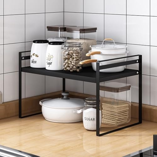 Kitchen Cupboard Shelf Organiser, Extendable Cabinet Storage Shelf Stand Spice Rack, Multi-Function Space Saver Plate Organiser for Kitchen Countertop, Pantry, Cabinet, Fridge(Black)