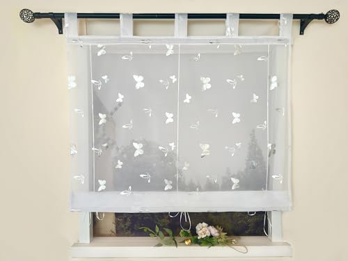 Devola Raffrollo mit Schlaufen Glitzer Voile Raffgardinen Gardine mit Glanzdruck Küchengardinen Modern Raffrollo Schlaufenrollo Transparent HxB 120x80cm Schmetterling Muster 1 Stück