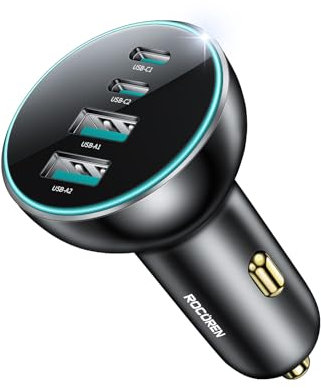 Rocoren Auto Ladegerät 70W, PD3.0 QC3.0 4-Port KFZ Ladegerät USB C Schnellladung mit Blauer LED für 12V-24V Steckdose Kompatibel mit iPhone 15, iPad Pro, Galaxy S24, Huawei, Pixel, MacBook Air Serie