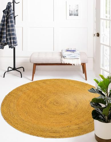 DecorAvenue Indischer handgefertigter handgewebter Jute-Teppich (60 x 60 cm, rund, gelb)