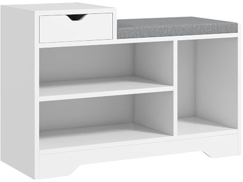 HOMCOM Gepolsterte Schuhbank mit Aufbewahrungsfächern und Schublade, Weiß | Moderne Flurbank, Tischplatte, gepolstertes Sitzkissen, Wohnzimmer, Diele