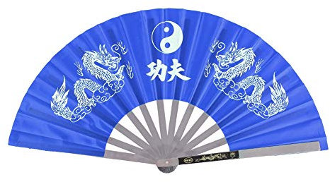 Leoapcat Folding Fan, Handheld Fans,Stainless Steel Tai Chi Martial Arts Kung Hand Fu Fan with Double Dragon Pattern for Men Women Birthday Gifts Dancing Cosplay Wedding Party Props Decoration (blue)