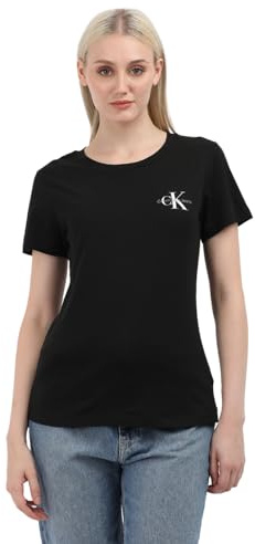 Calvin Klein Damen 2er Pack T-Shirts Kurzarm Monologo Slim Rundhalsausschnitt, Ck Black/Ivory (Mehrfarbig), M