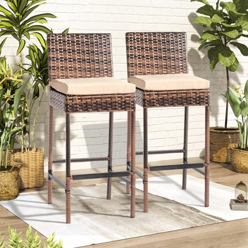 VINGLI Outdoor Barhocker 2er Set mit Kissen Weide Barhocker, Barhöhe, Terrassenstühle Outdoor Rattan Hocker für Garten Pool Rasen Hinterhof