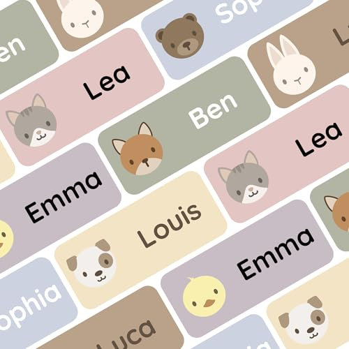 Klebekerlchen® Namensaufkleber für Kinder (60 Stück), Kleidung & Gegenstände Namensschilder personalisiert und waschmaschinenfest, Schule und Kindergarten - Babytiere