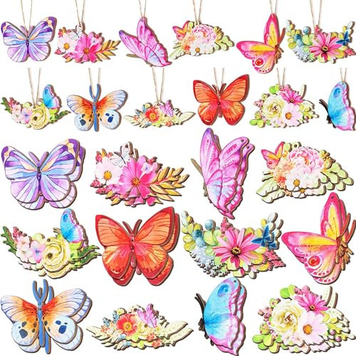 36Pcs Spring Ornaments for Trees Wood Butterfly Peony Ornaments Wooden Hanging Tree Ornaments for Small Tree Decoration DIY Craft Easter Party Home (Pink)